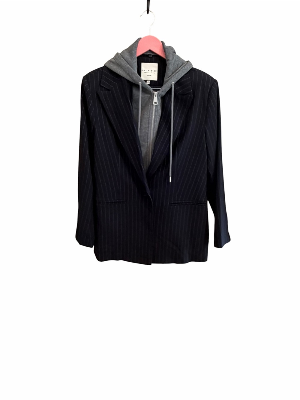 Bagatelle Black Pinstripe Blazer with Gray Hoodie Insert